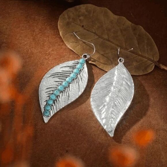 Bohemian Western Leaf Shaped Silver Turquoise Earrings - Picture 5 of 6